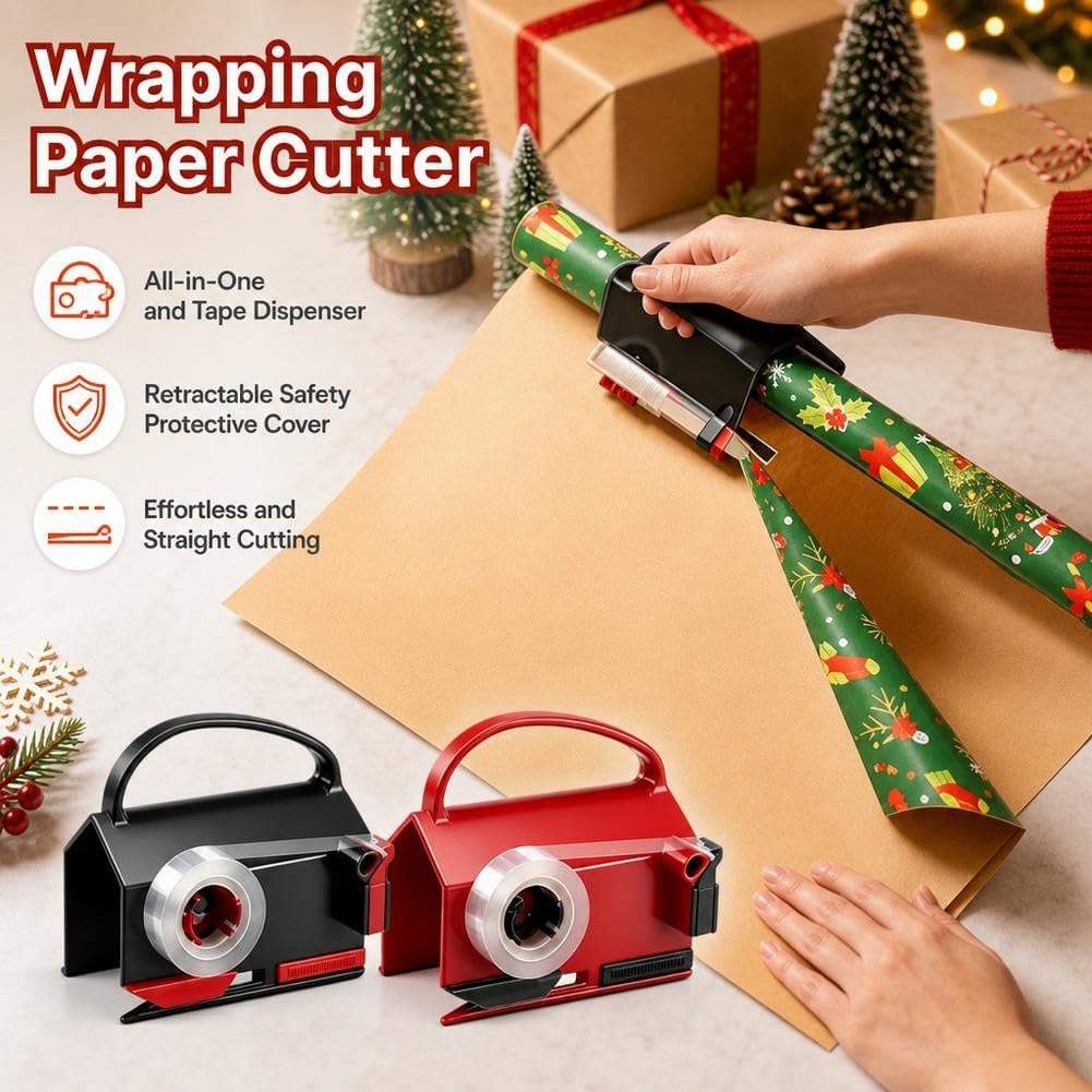 Wrapping paper guided through a red sliding paper cutter