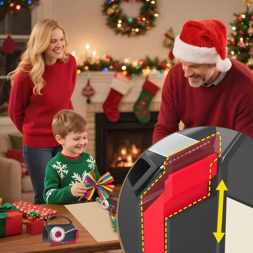 Family holiday craft and gift wrapping scene with the red cutter nearby