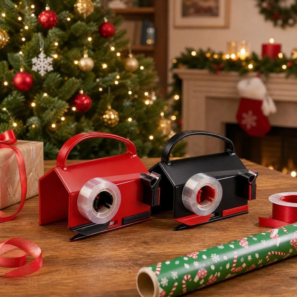 Red and black 2-in-1 wrapping paper cutter and tape dispenser