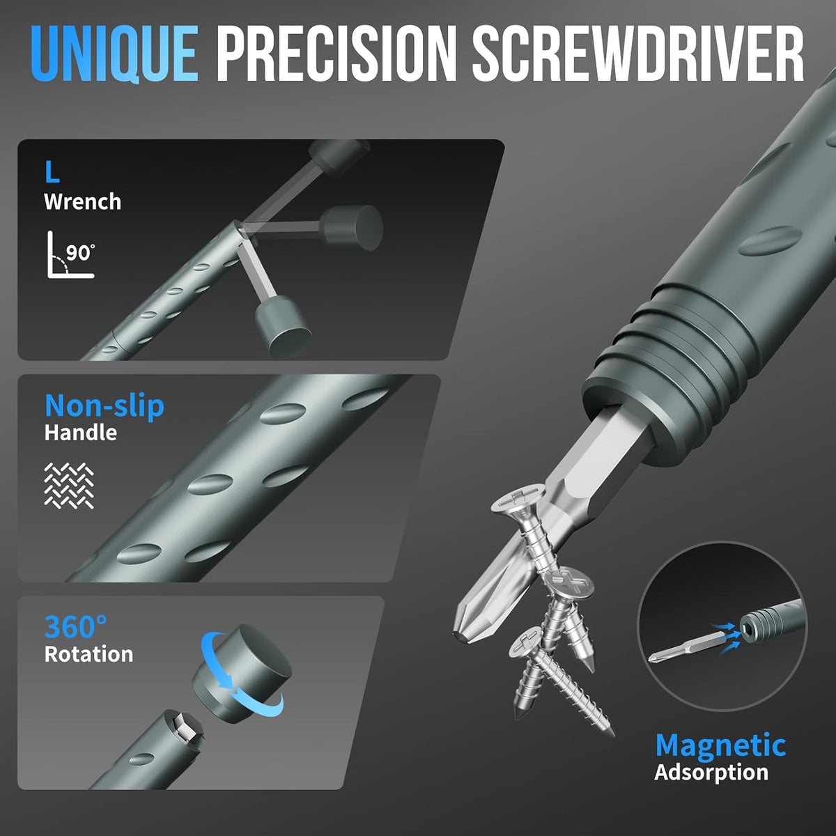 Precision screwdriver handle features and magnetic bit attachment