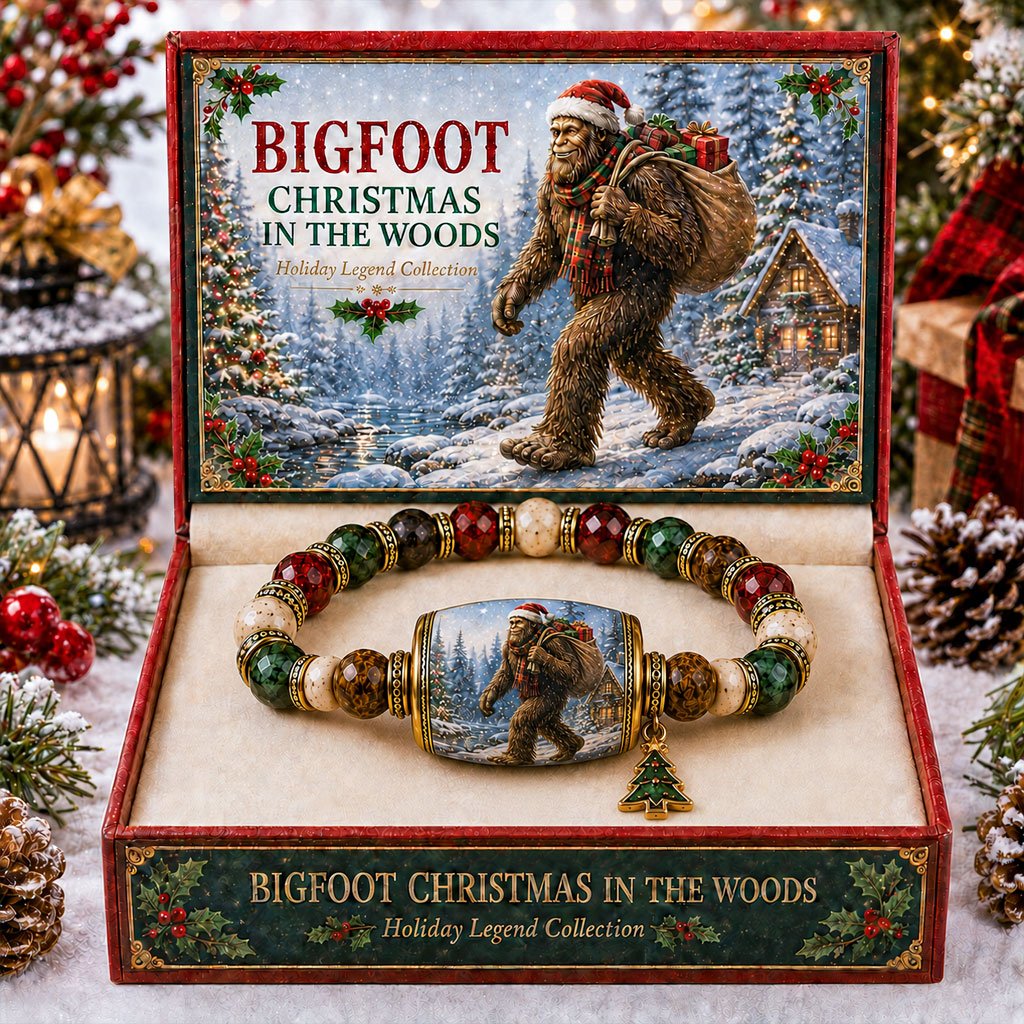 Christmas Bigfoot bracelet and holiday gift box detail
