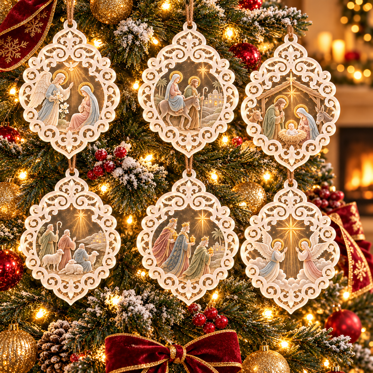 ✝️👼6-Piece Nativity Christmas Ornaments – Holy Family, Three Wise Men & Angels