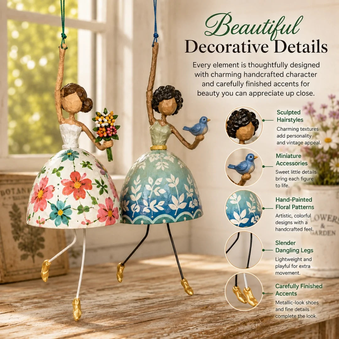 Close-up decorative details on floral and bluebird hanging lady ornaments