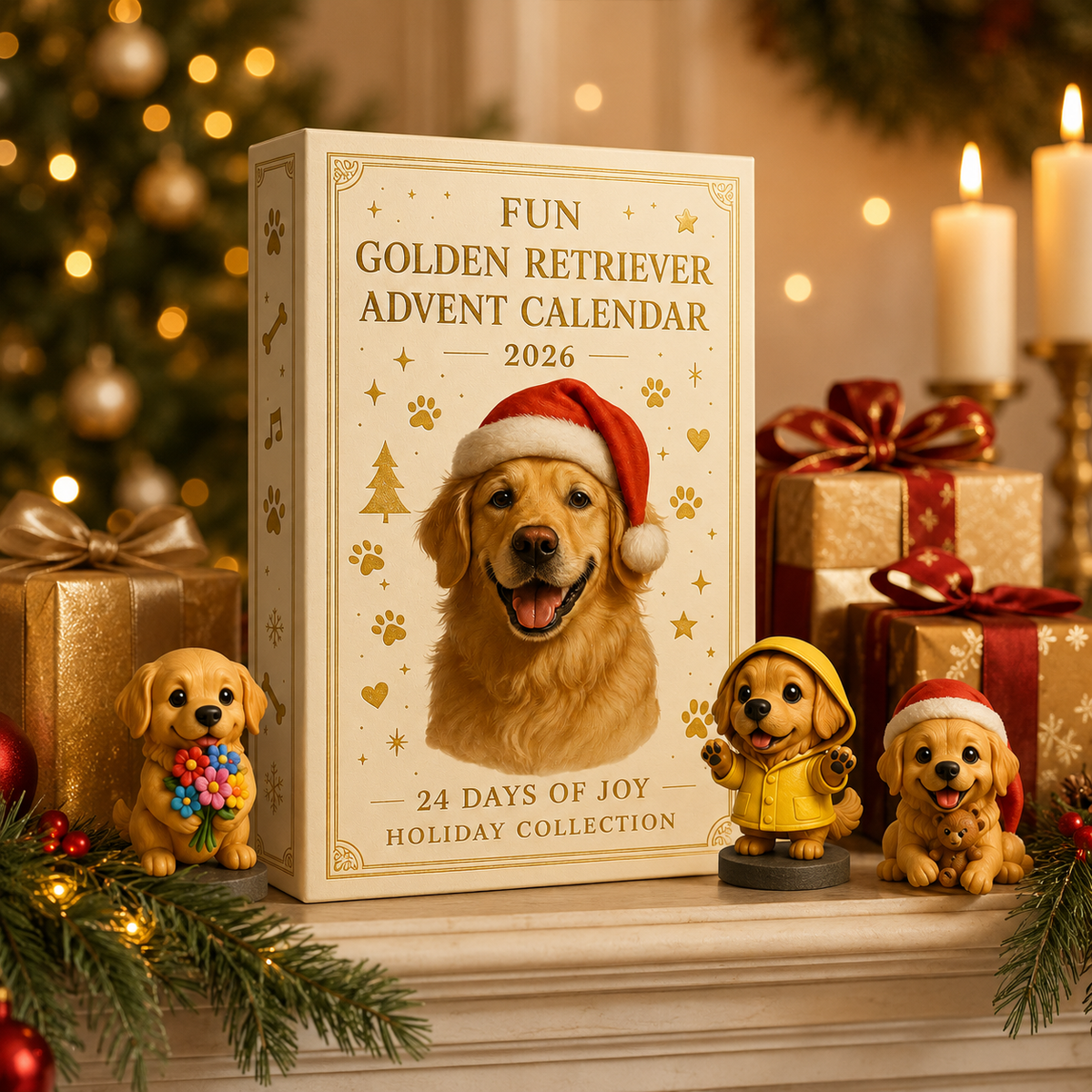 Fun Golden Retriever Advent Calendar beside Christmas gifts