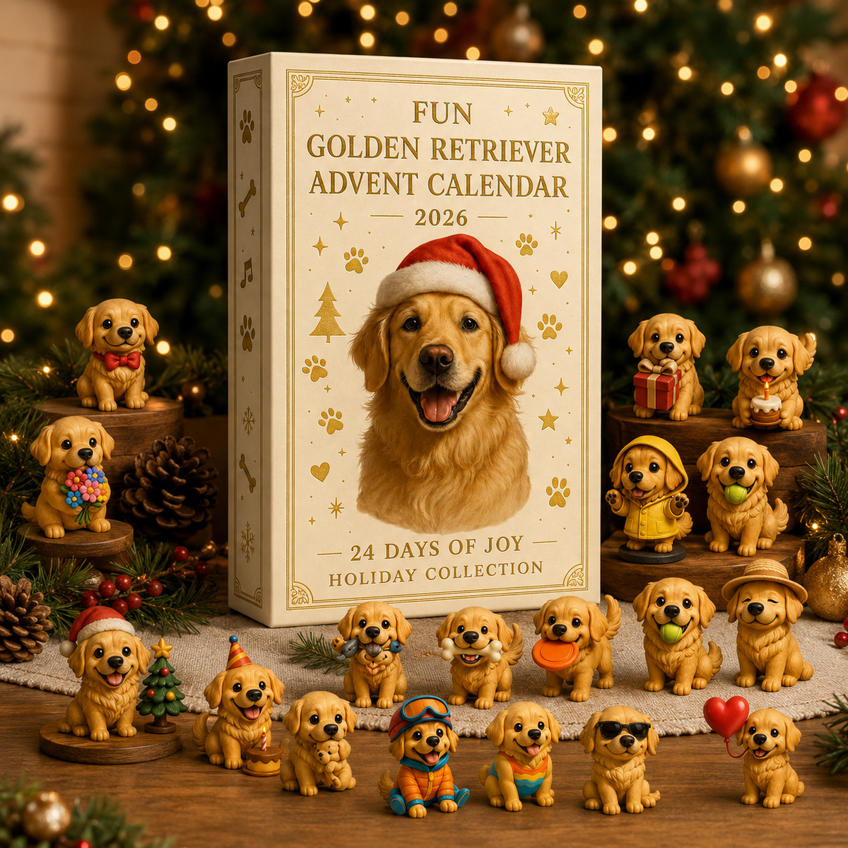 Fun Golden Retriever Advent Calendar 2026 box and characters
