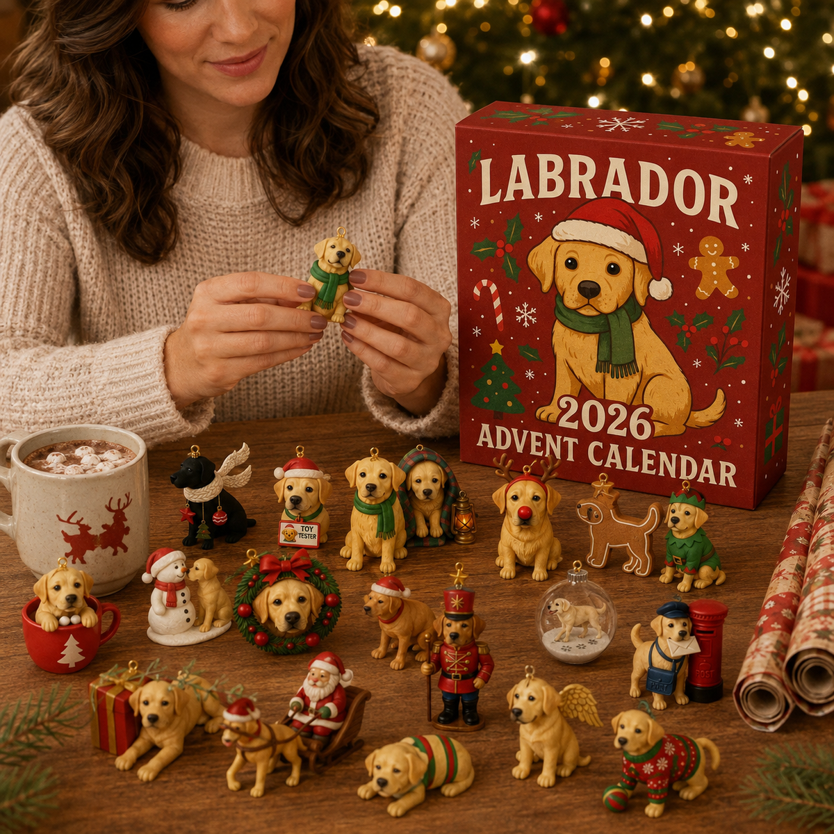 Labrador Advent Calendar and ornaments arranged in a warm Christmas setting