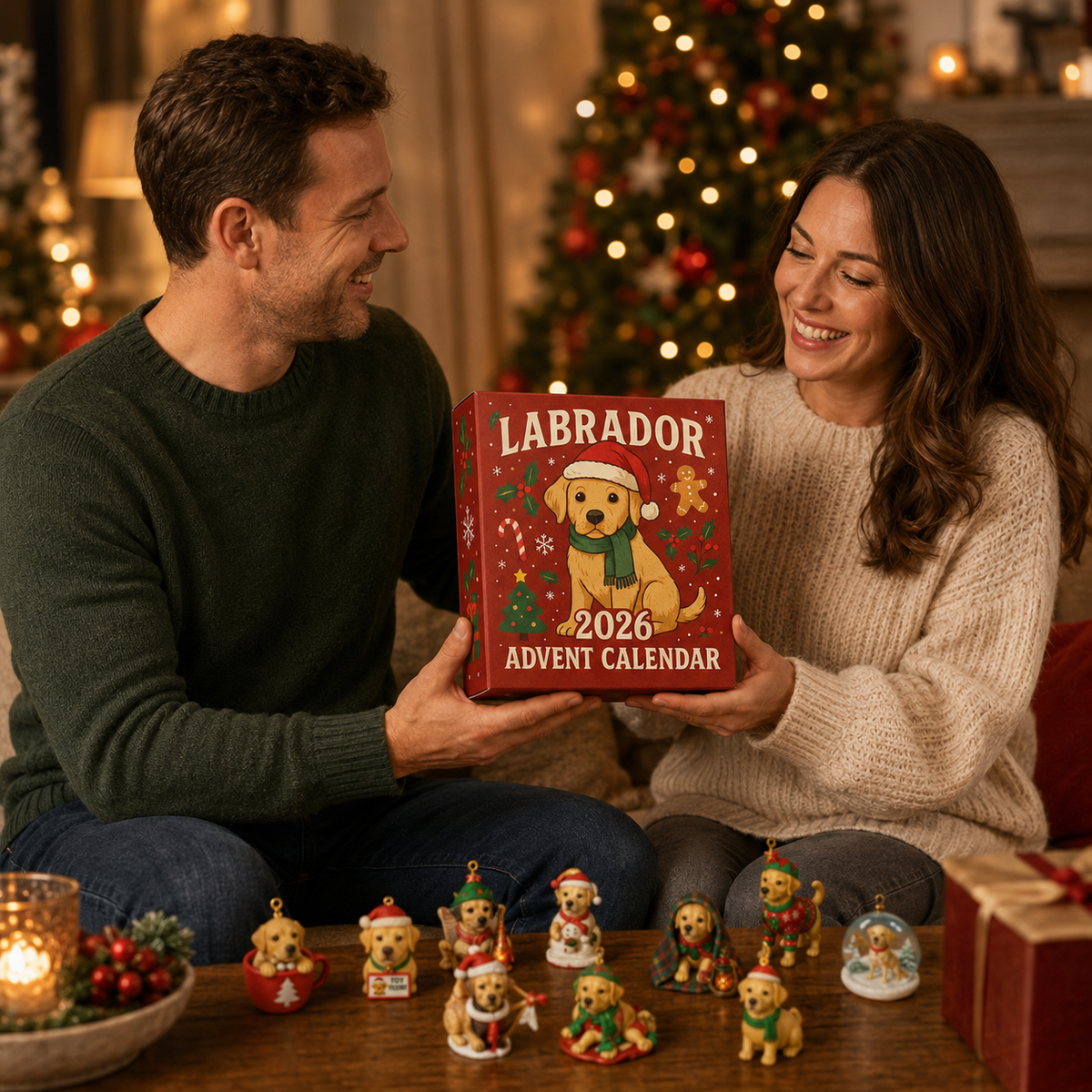 Couple sharing a Labrador Advent Calendar at Christmas