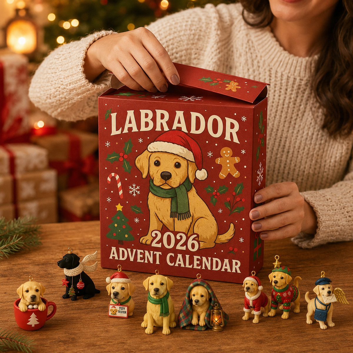 Opening the Labrador Advent Calendar beside a festive ornament collection