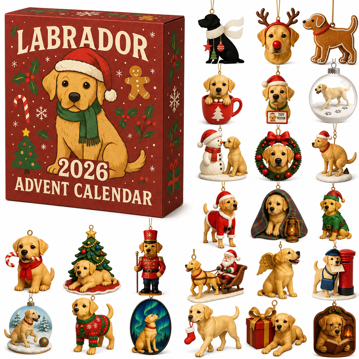 Labrador Advent Calendar with a full collection of festive ornaments