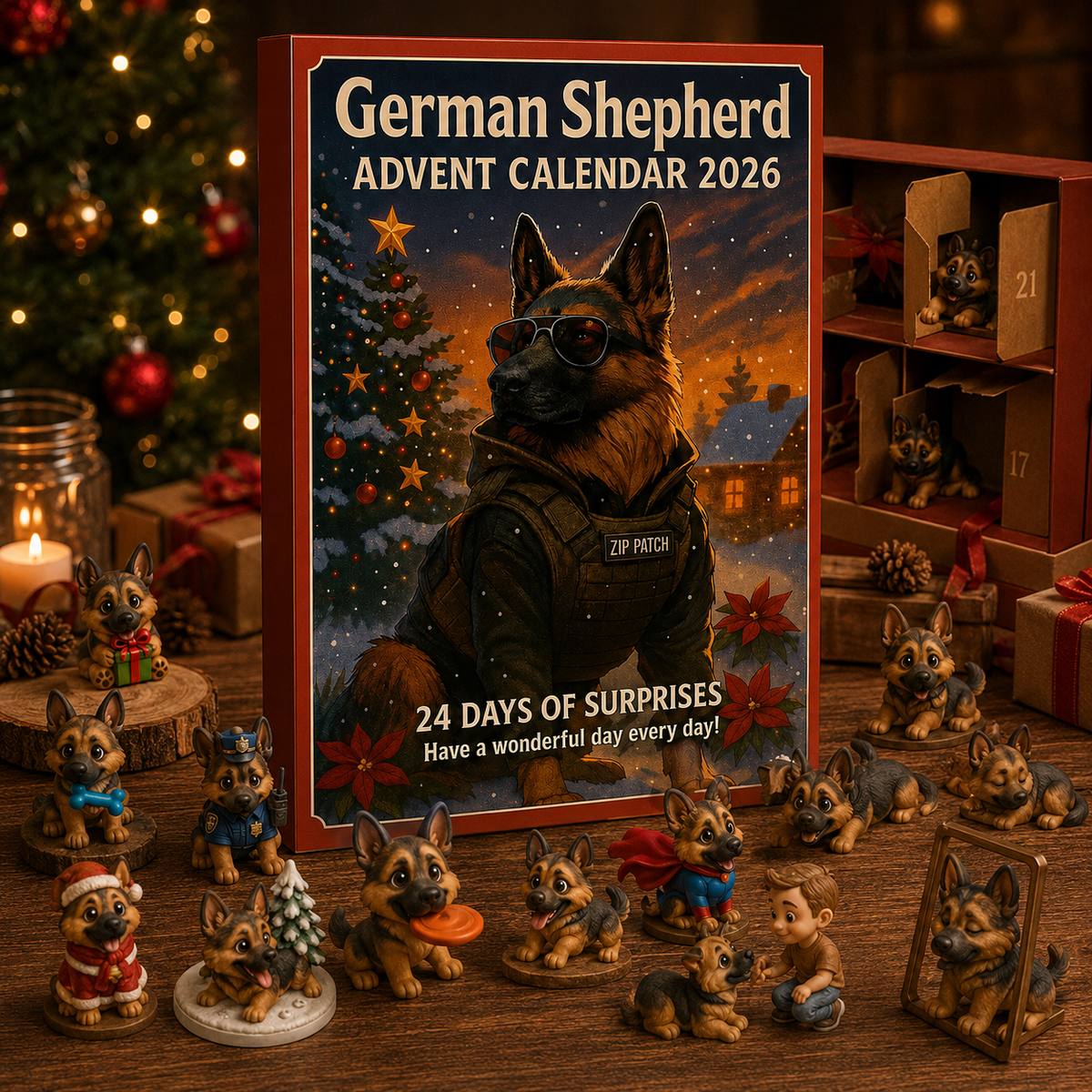 German Shepherd Advent Calendar characters displayed around the calendar box