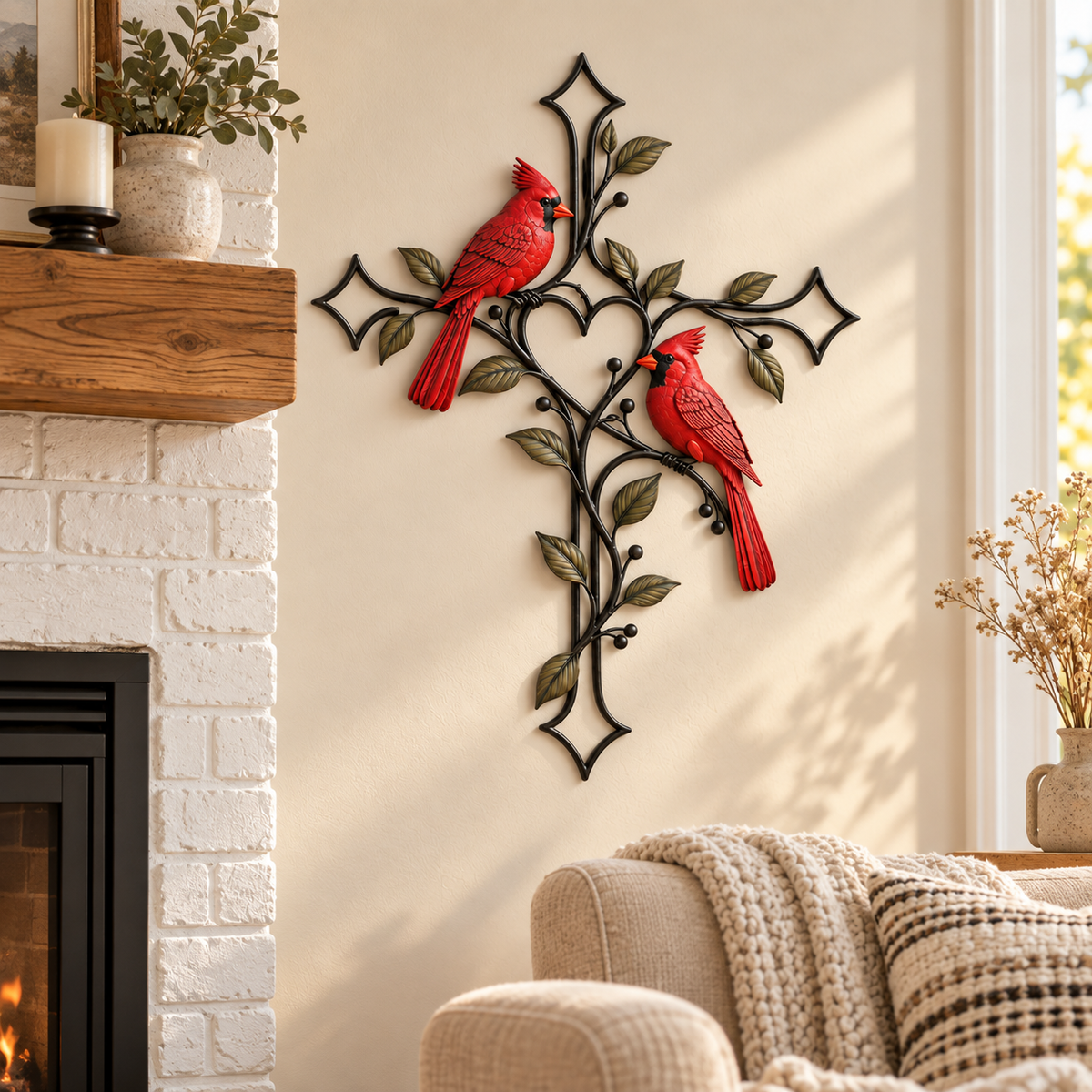 ❤️ Love Stays Close – Cardinal Heart Cross Wall Decor