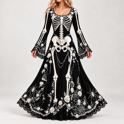 🖤 Gothic Skeleton Rose Maxi Dress