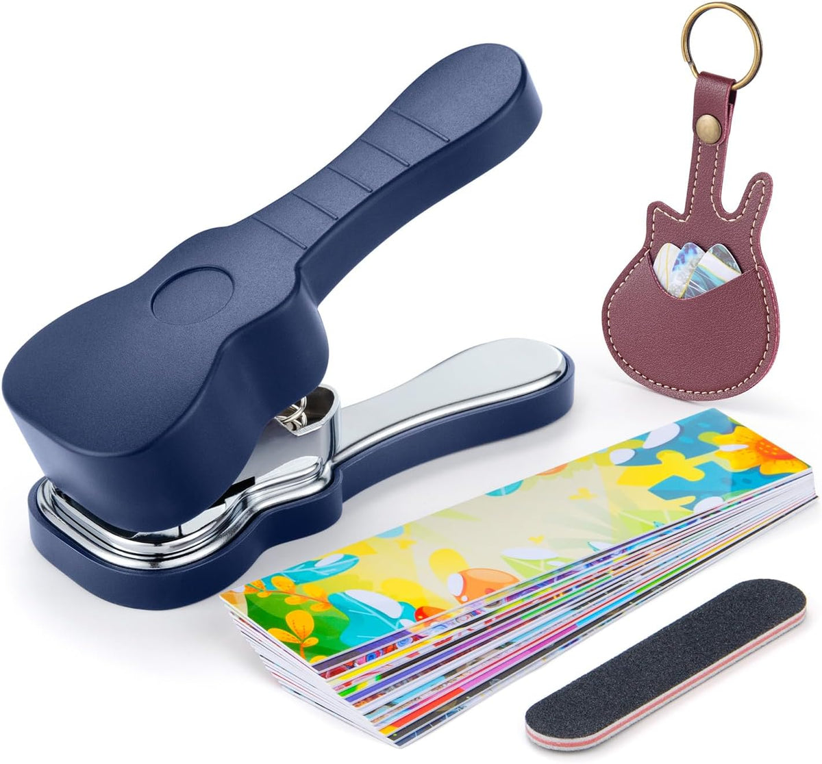 Guitar pick maker kit with material sheets, edge file and pick holder