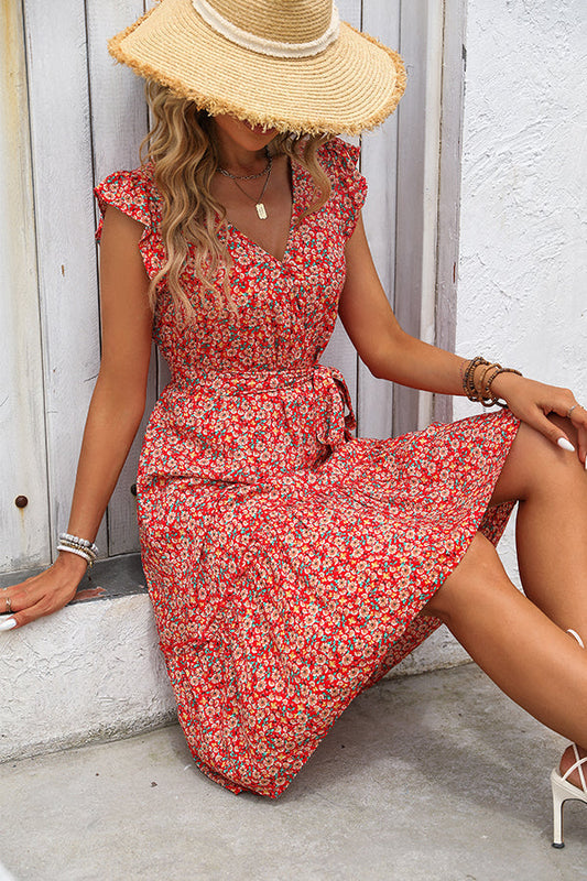 Fashion Ruffle Sleeve Flower Print Casual Dress