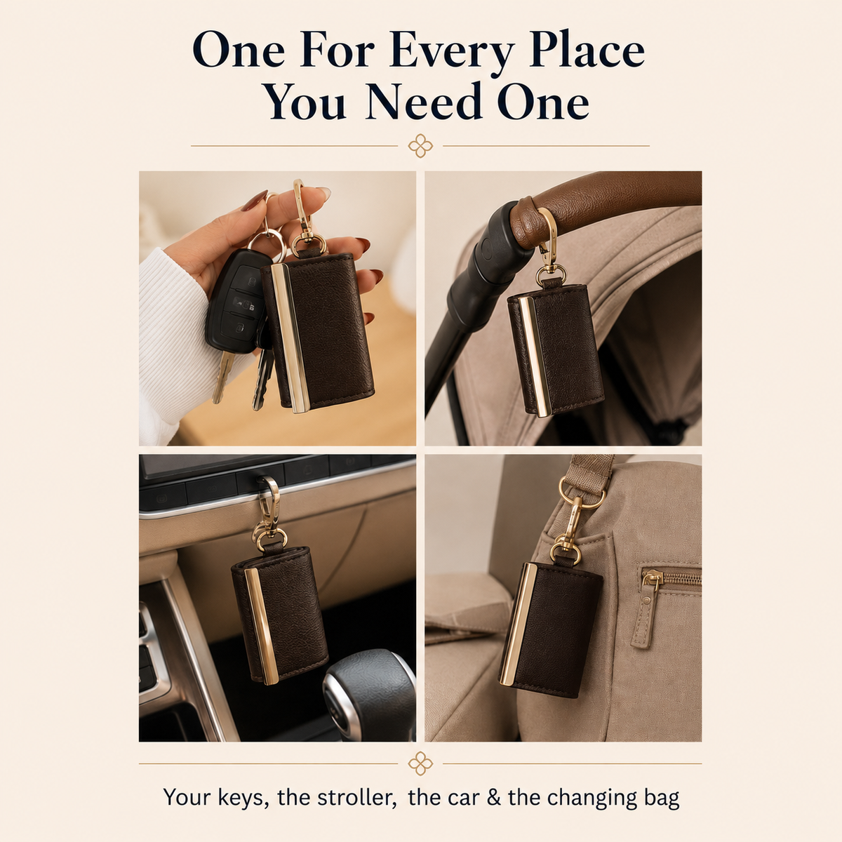 Compact tote pouch clipped to keys, stroller, car and everyday bag