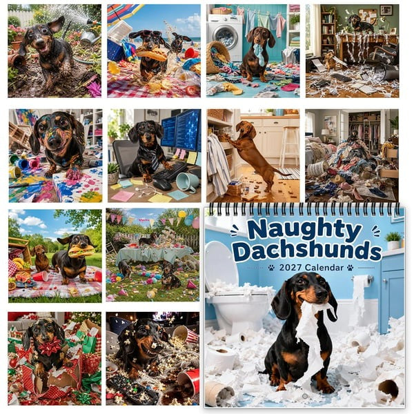 Twelve mischievous dachshund calendar scenes for 2027