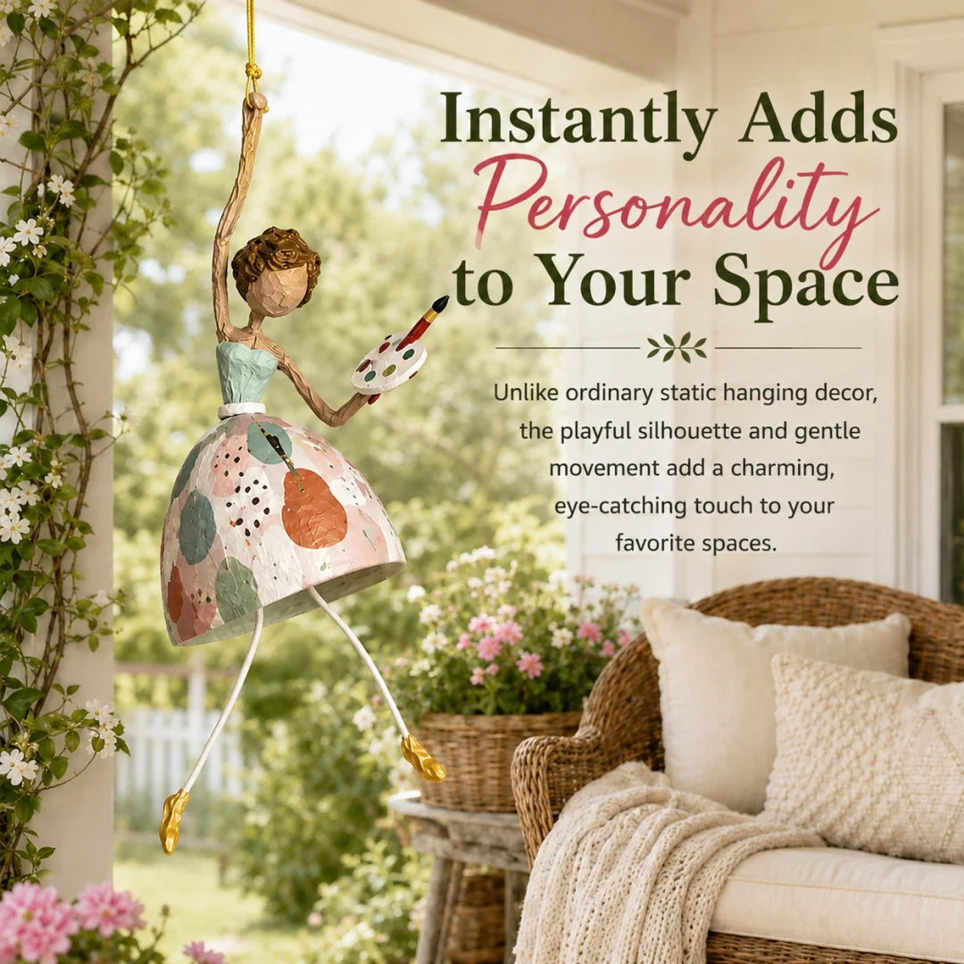 Artist Lady hanging ornament adding personality to a bright porch