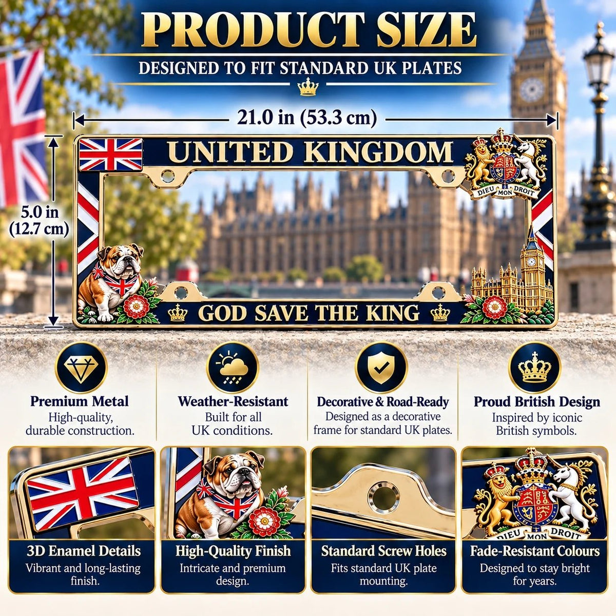 ⏳ Last Day 49% OFF – 🇬🇧 United Kingdom “God Save the King” License Plate Frame | Premium Metal, 3D Enamel Details & Secure Screw-On Fit 👑
