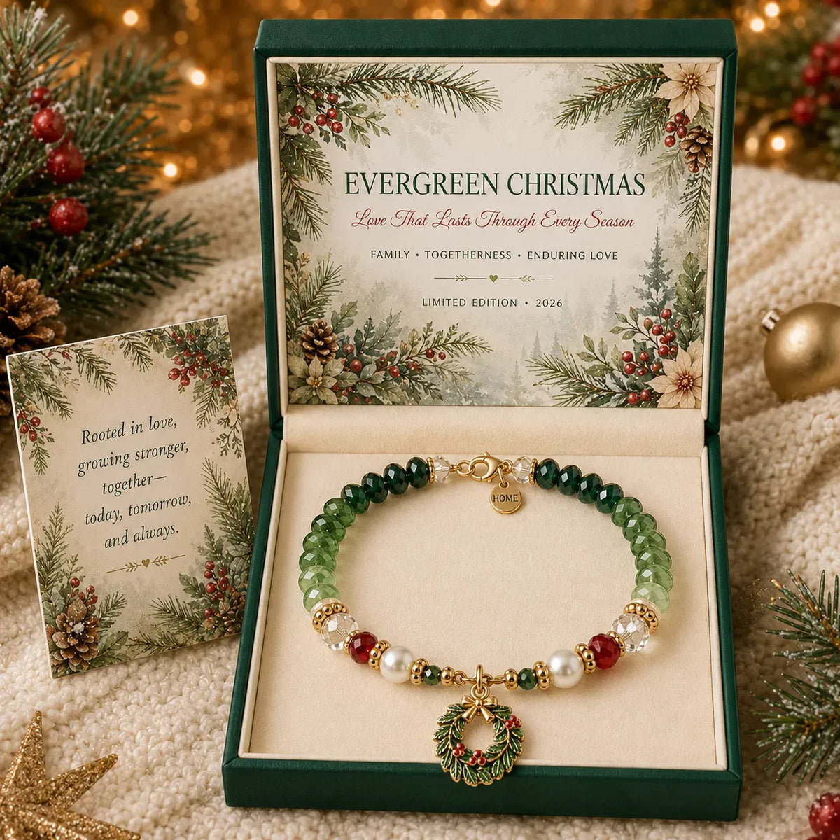 Evergreen Christmas bracelet with green beads and wreath charm