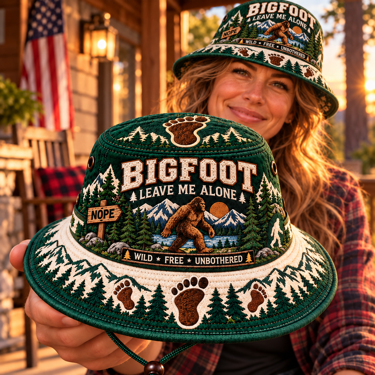 Bigfoot boonie hat held close to show detailed wilderness artwork