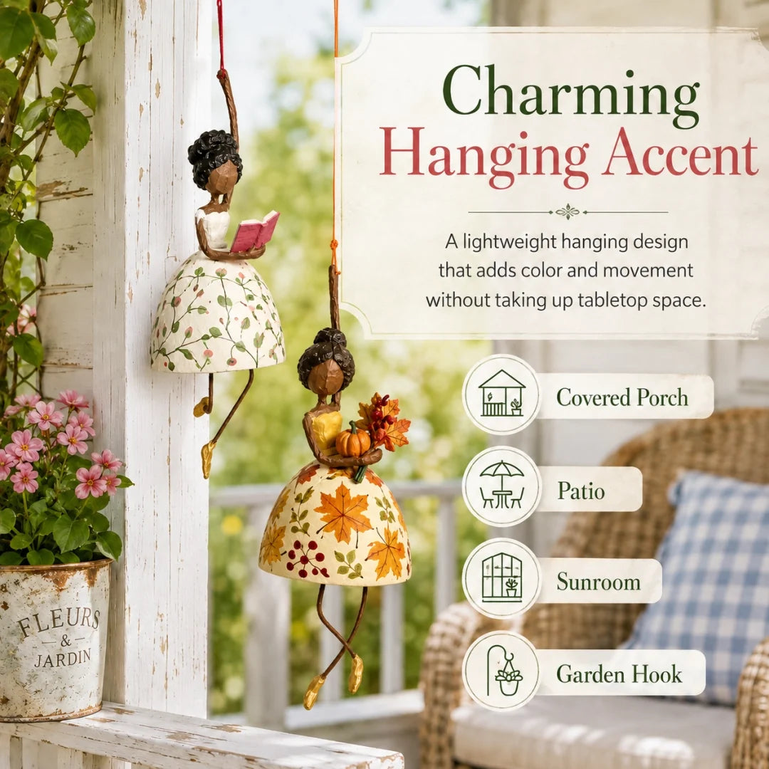 Reading and Harvest Lady ornaments displayed on a covered porch