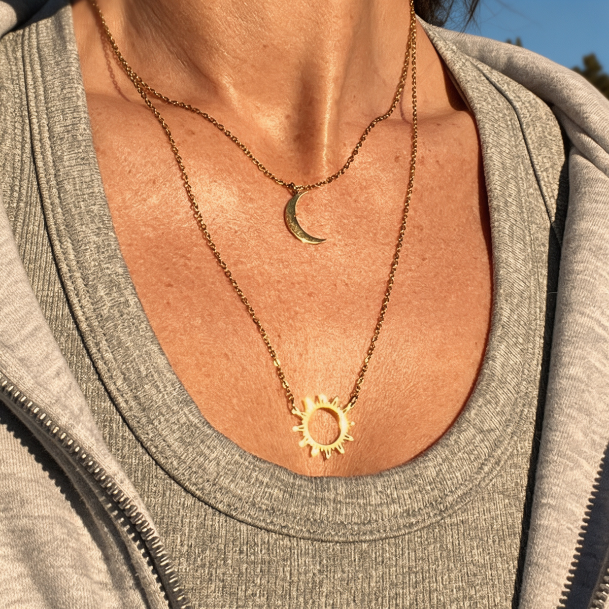 Sun and Moon Layered Necklace – Celestial Pendant Necklace for Women