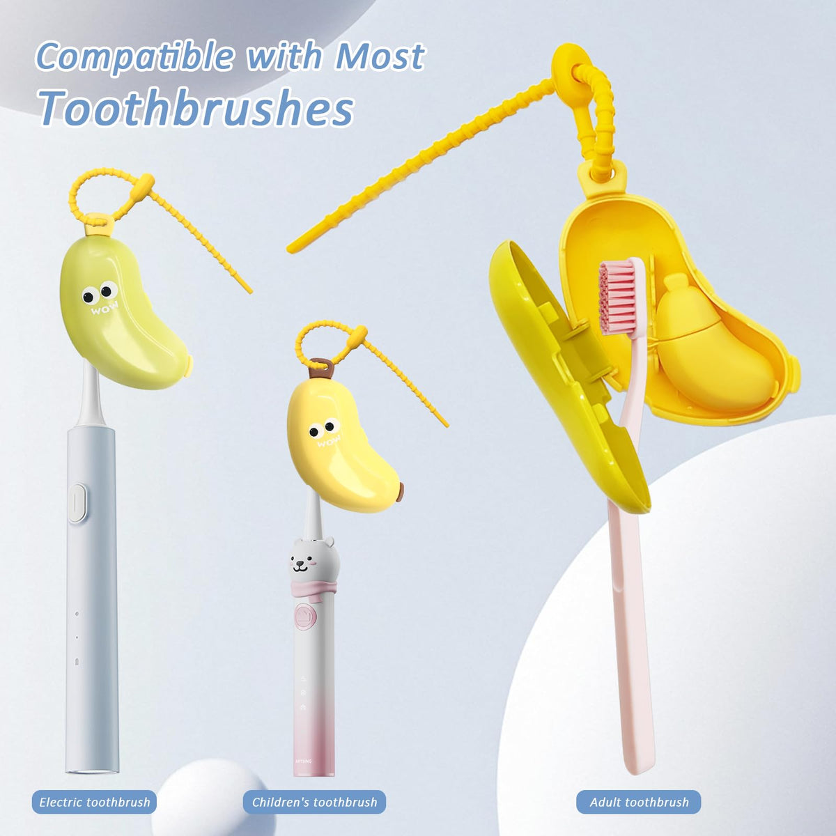 Banana Toothbrush Travel Case, 2-in-1 Toothbrush Head Cover & Portable Toothpaste Container, Built-in Hanging Rope for Vacation, Camping