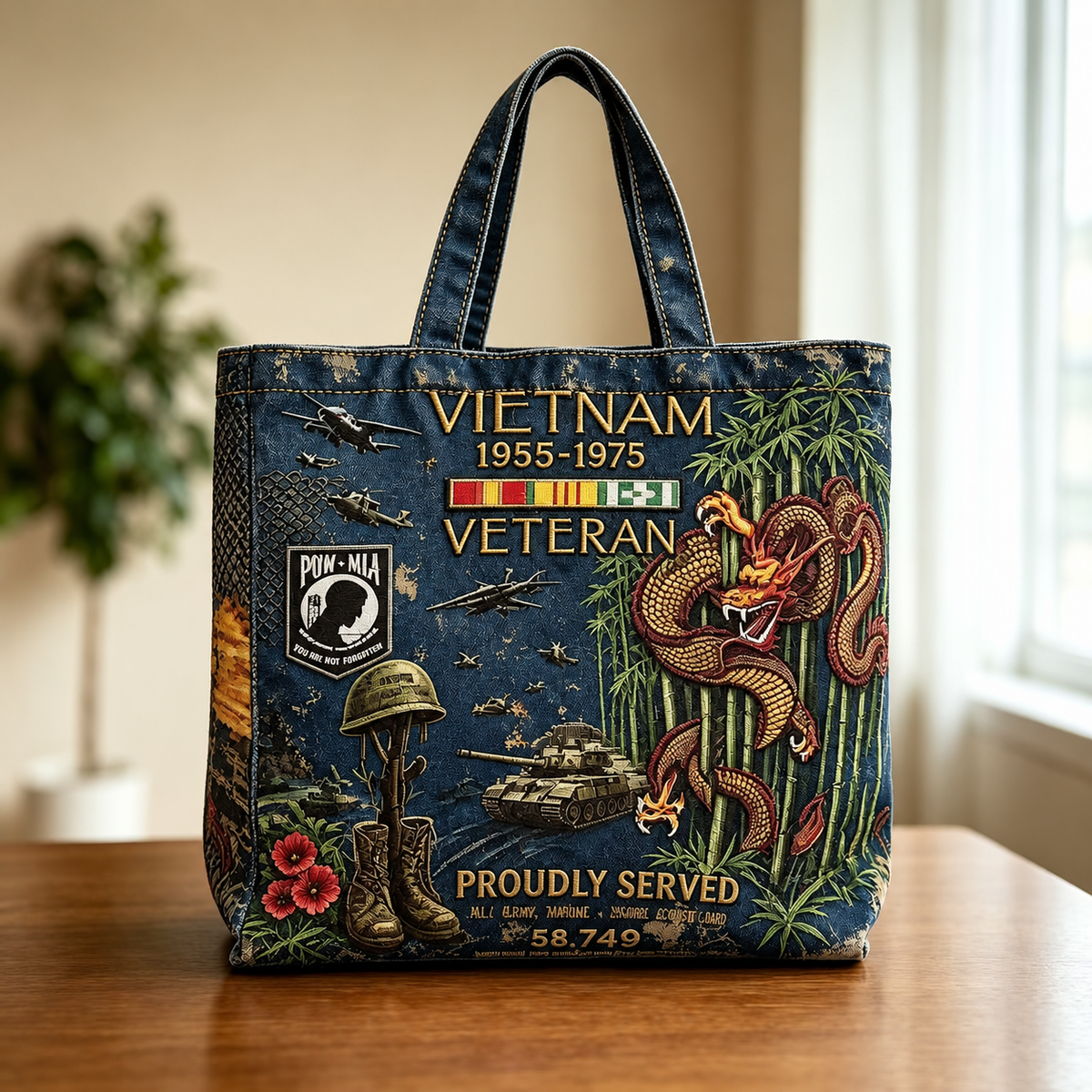 🌹🪖Vietnam Veteran Canvas Tote Bag – Embroidered Tribute Gift