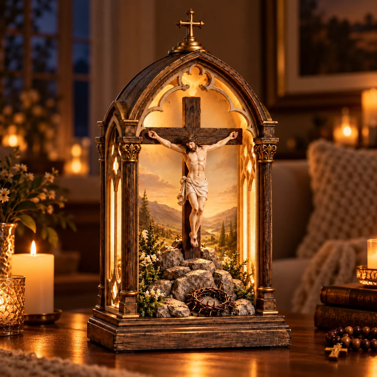 ✝️ Illuminated Calvary Devotional Shrine | Warm Christian Prayer Décor
