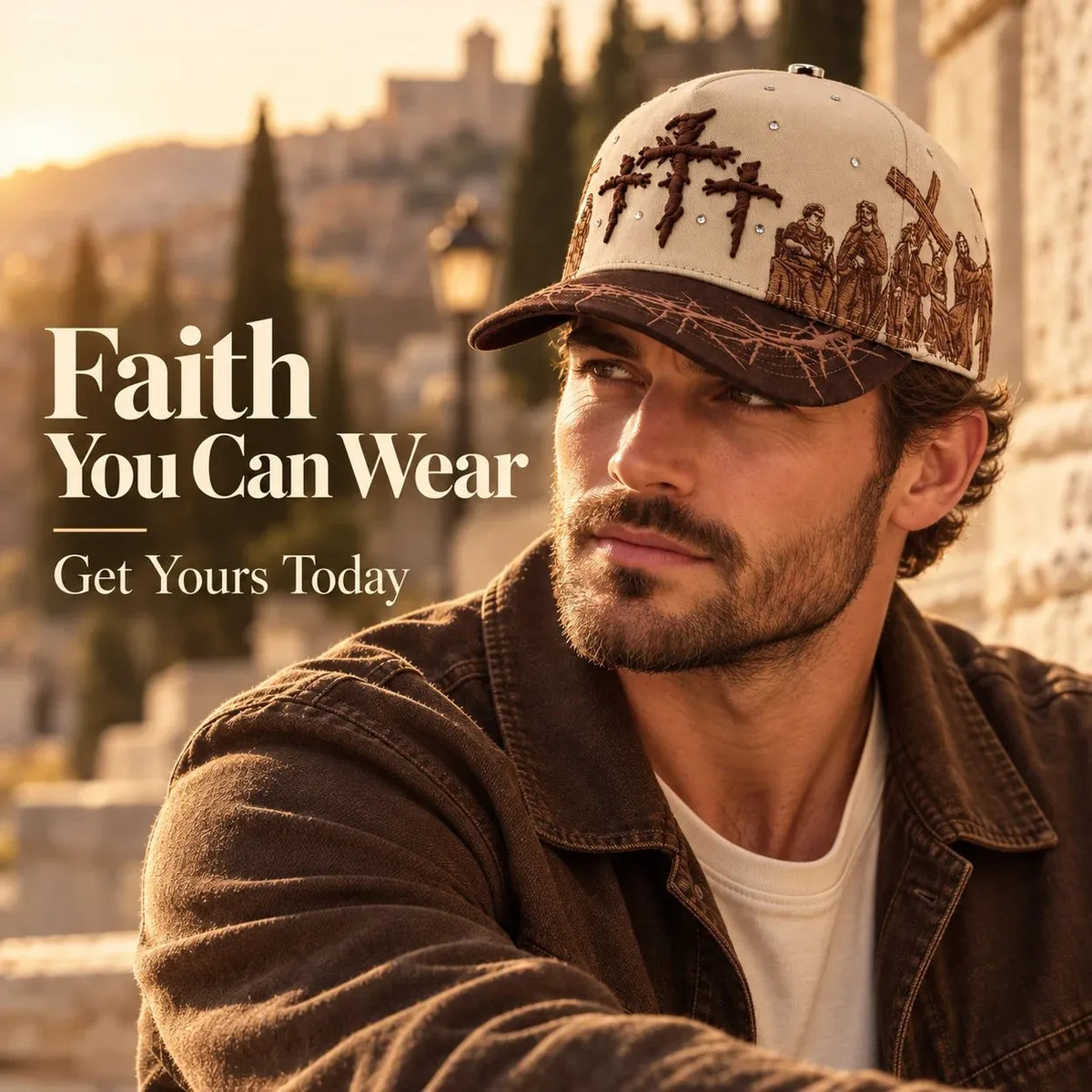 Man wearing the Viacrucis cap in warm outdoor light