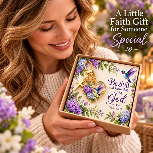 💜✝️ Be Still & Know That I Am God Hummingbird Faith Keychain — Psalm 46:10