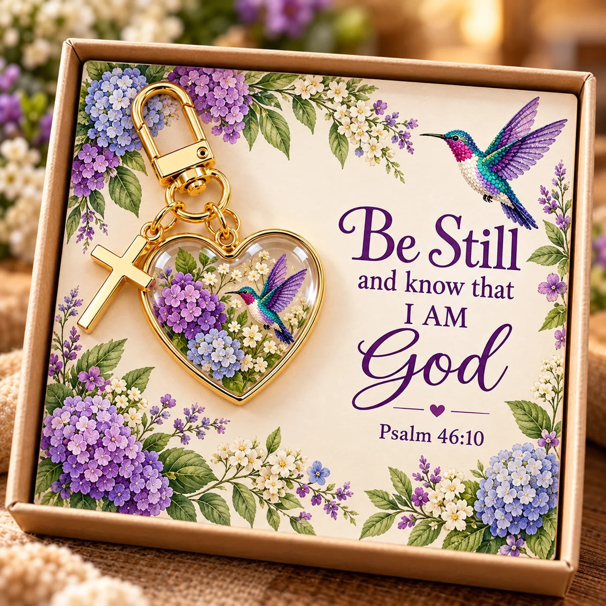 💜✝️ Be Still & Know That I Am God Hummingbird Faith Keychain — Psalm 46:10