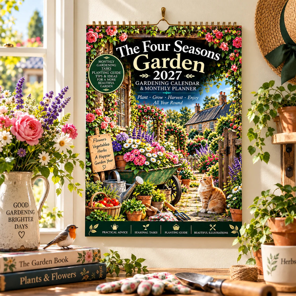 2027 Four Seasons Gardening Calendar & Monthly Planner – A4 Wall Calendar with Planting Guide, Garden Tasks & Plant Labels