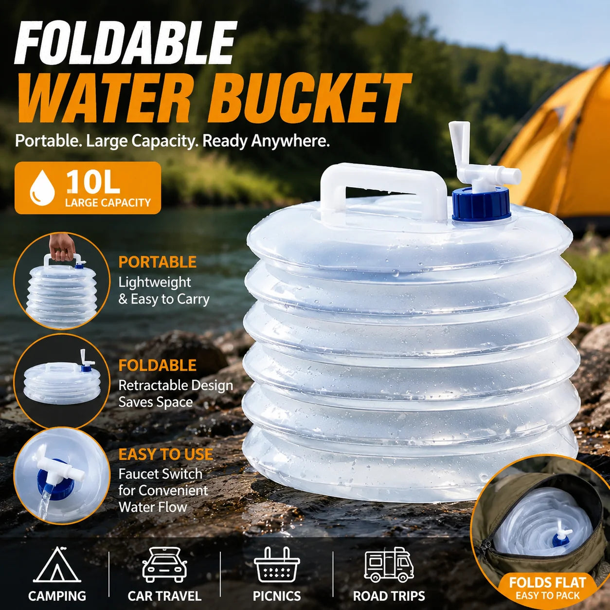 Foldable camping water container with handle and faucet
