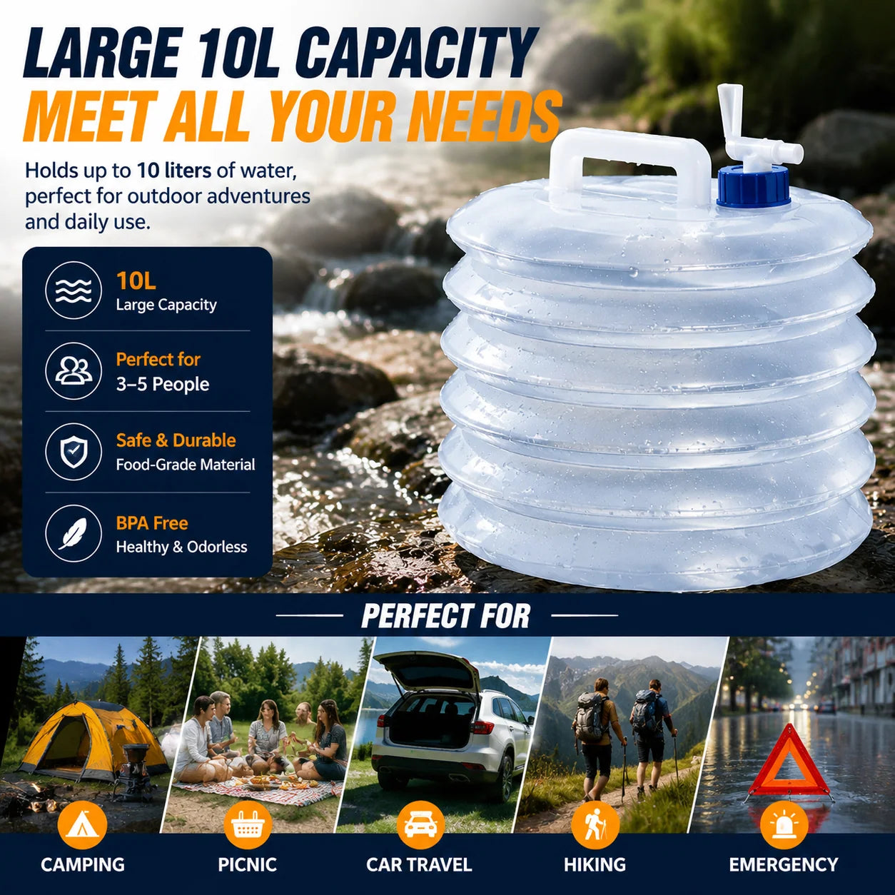 10L water container and outdoor use scenes