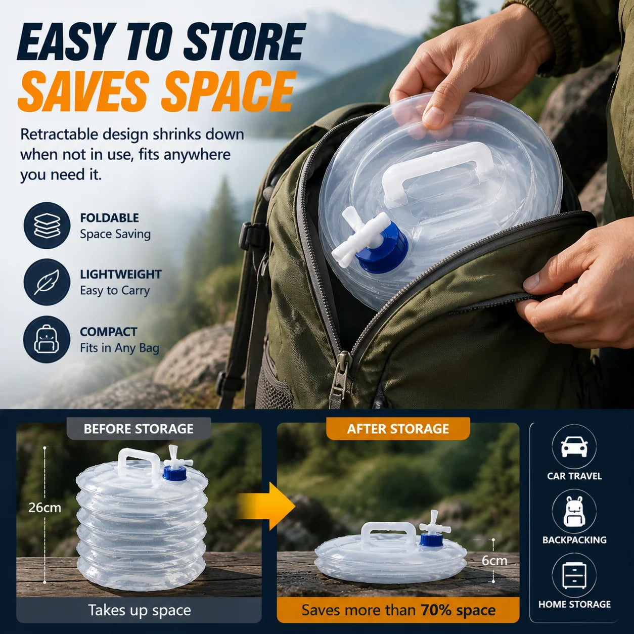 Collapsed water container being packed into a bag