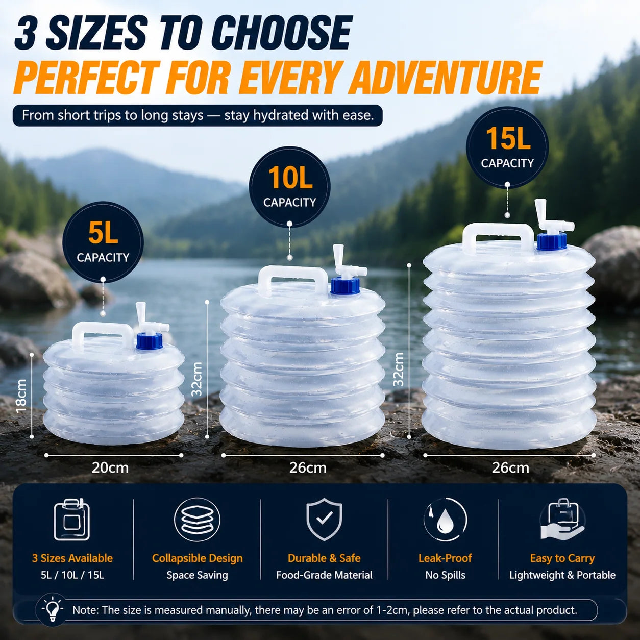 5L, 10L and 15L water container size comparison