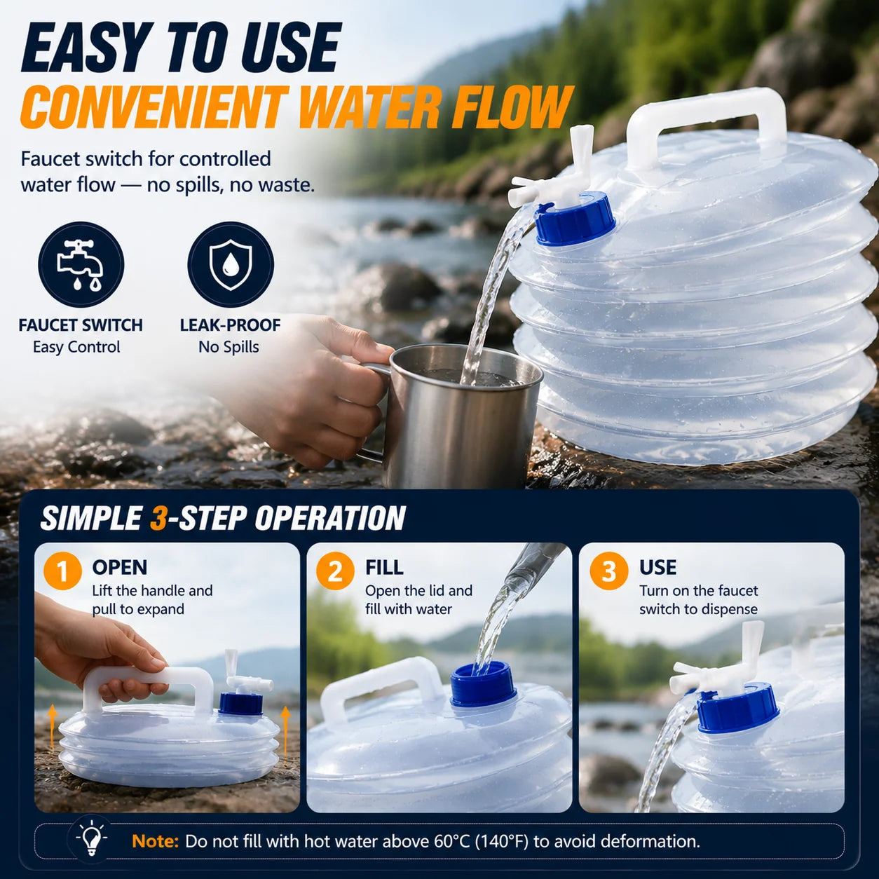 Water dispensed through the faucet with three-step operation guide
