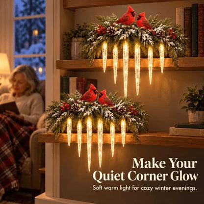 ✨Cardinal Winter Glow — Lighted Snowy Cedar & Icicle Christmas Decor
