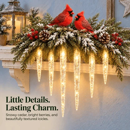 ✨Cardinal Winter Glow — Lighted Snowy Cedar & Icicle Christmas Decor