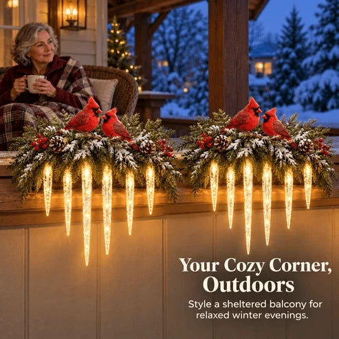 ✨Cardinal Winter Glow — Lighted Snowy Cedar & Icicle Christmas Decor