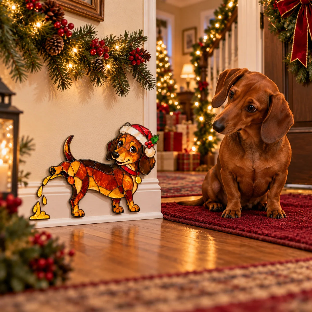 🐶🌭Funny Peeing Dachshund Christmas Decoration – Stained Glass-Style Sausage Dog Yard Art & Baseboard Decor
