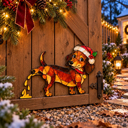 🐶🌭Funny Peeing Dachshund Christmas Decoration – Stained Glass-Style Sausage Dog Yard Art & Baseboard Decor