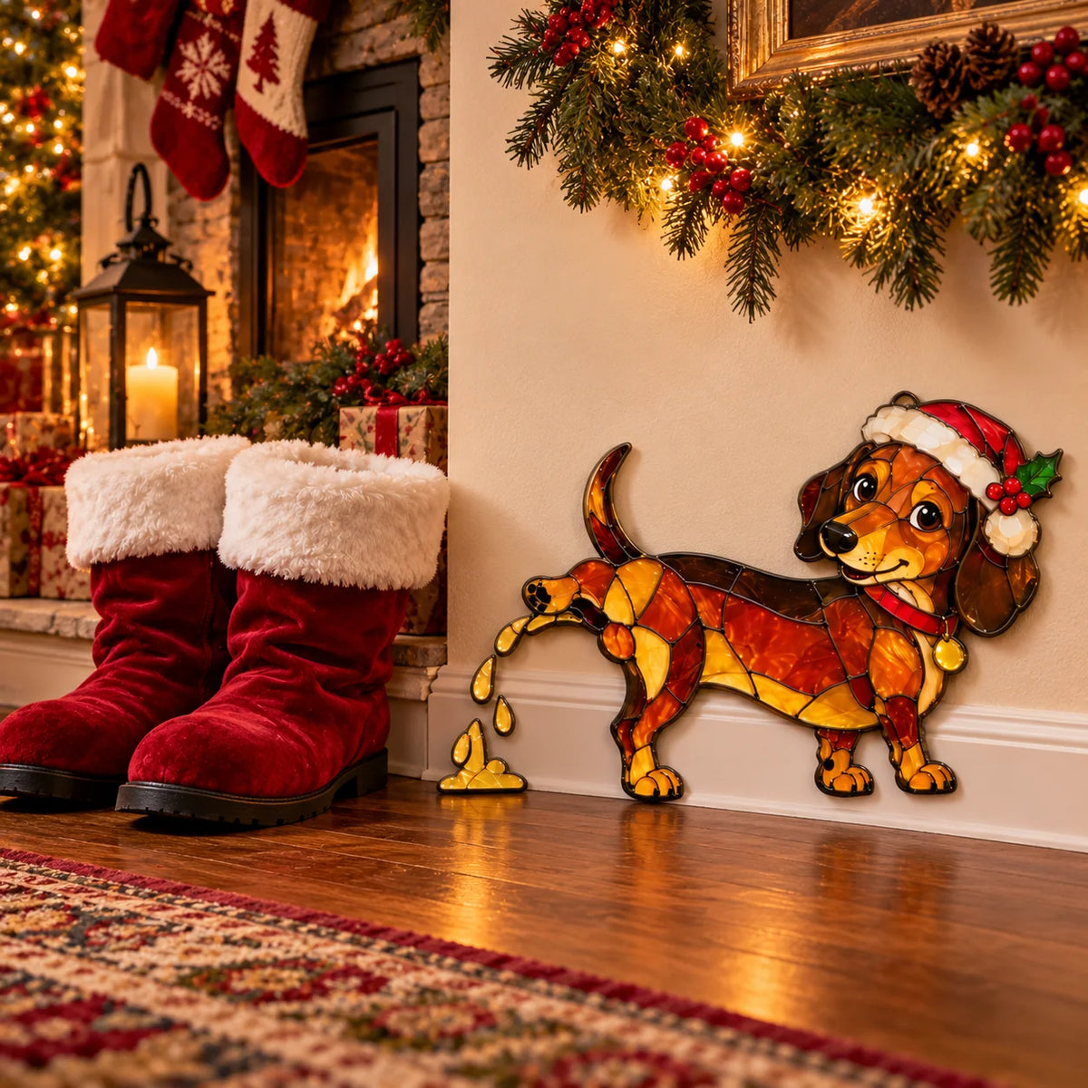 🐶🌭Funny Peeing Dachshund Christmas Decoration – Stained Glass-Style Sausage Dog Yard Art & Baseboard Decor