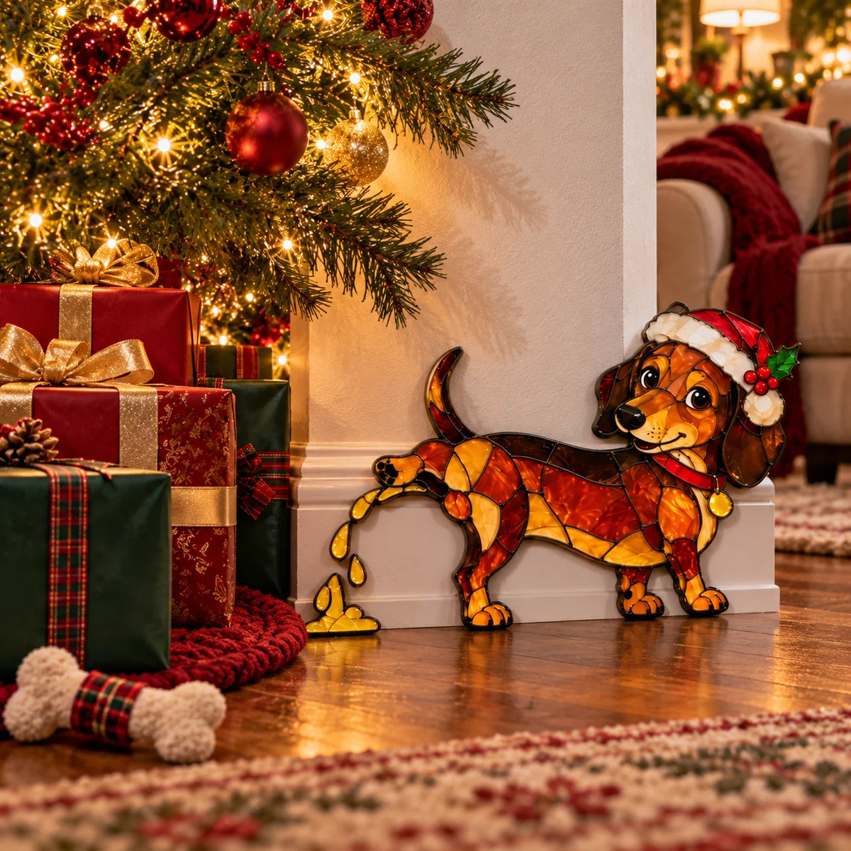 🐶🌭Funny Peeing Dachshund Christmas Decoration – Stained Glass-Style Sausage Dog Yard Art & Baseboard Decor