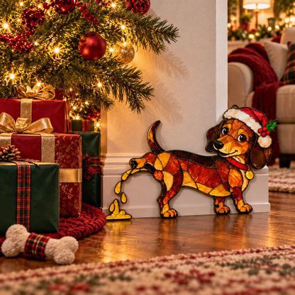 🐶🌭Funny Peeing Dachshund Christmas Decoration – Stained Glass-Style Sausage Dog Yard Art & Baseboard Decor