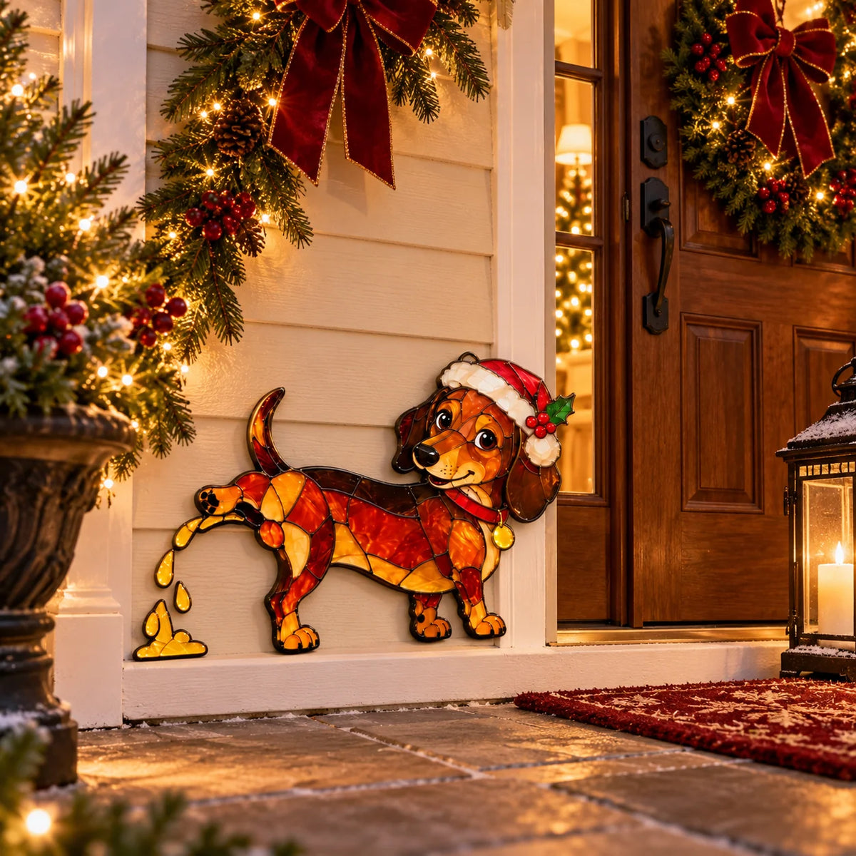 🐶🌭Funny Peeing Dachshund Christmas Decoration – Stained Glass-Style Sausage Dog Yard Art & Baseboard Decor