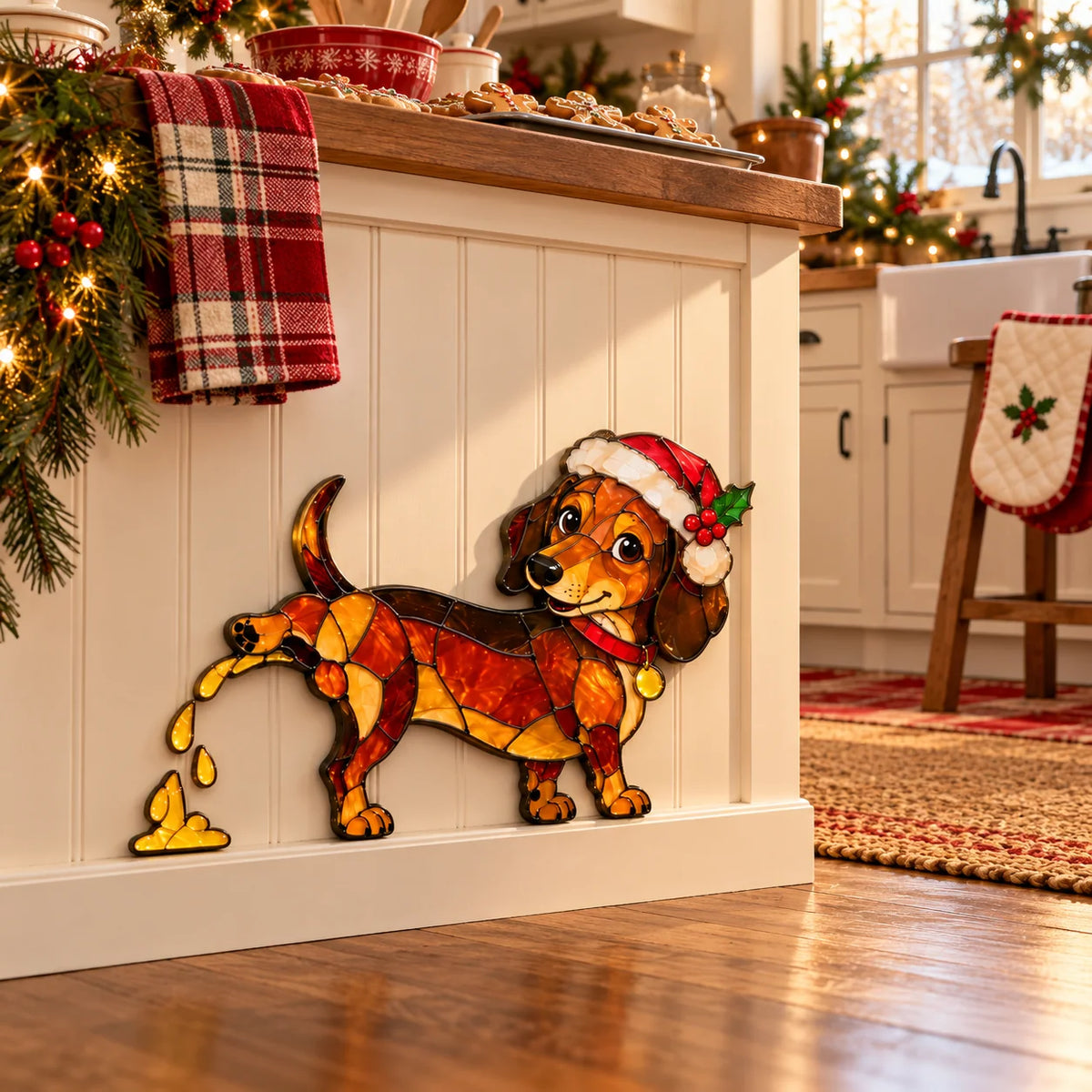 🐶🌭Funny Peeing Dachshund Christmas Decoration – Stained Glass-Style Sausage Dog Yard Art & Baseboard Decor