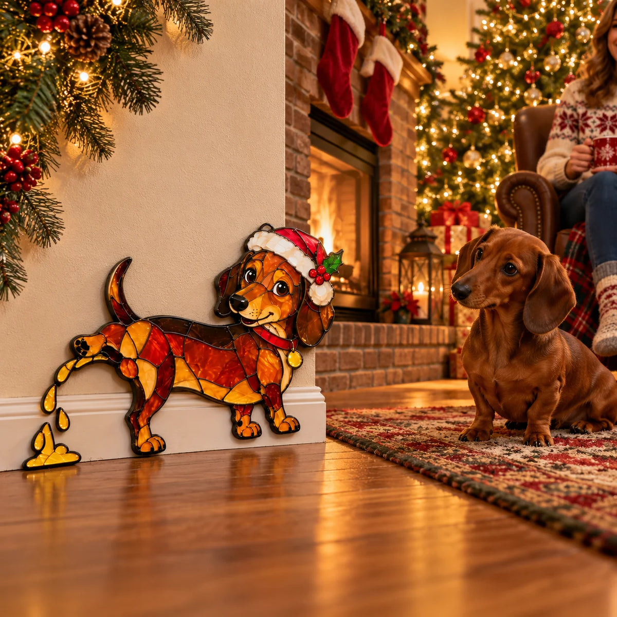 🐶🌭Funny Peeing Dachshund Christmas Decoration – Stained Glass-Style Sausage Dog Yard Art & Baseboard Decor