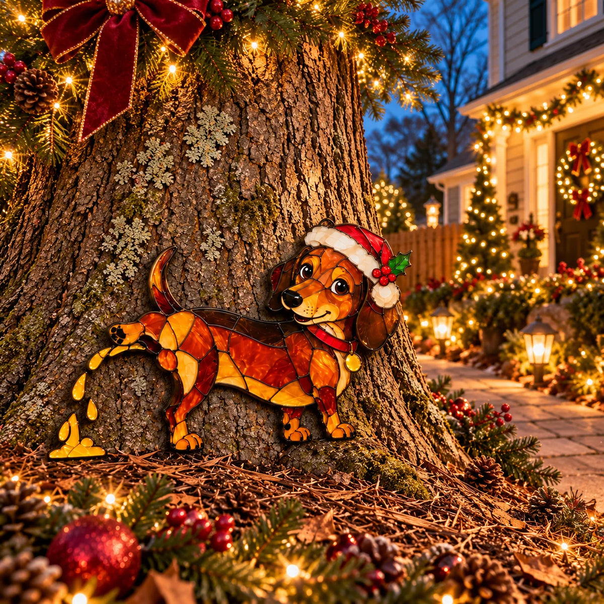 🐶🌭Funny Peeing Dachshund Christmas Decoration – Stained Glass-Style Sausage Dog Yard Art & Baseboard Decor
